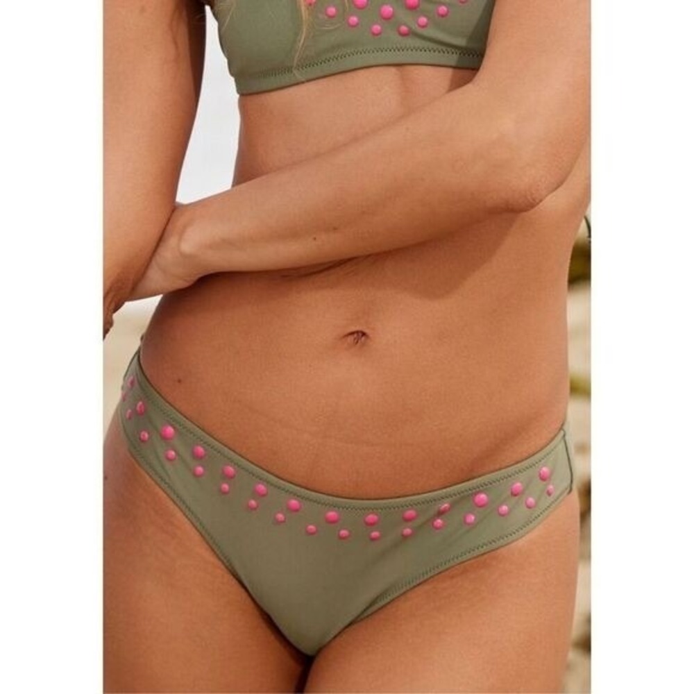 Aerie Cheeky Bikini Bottoms Olive Green Pink Dot Size M